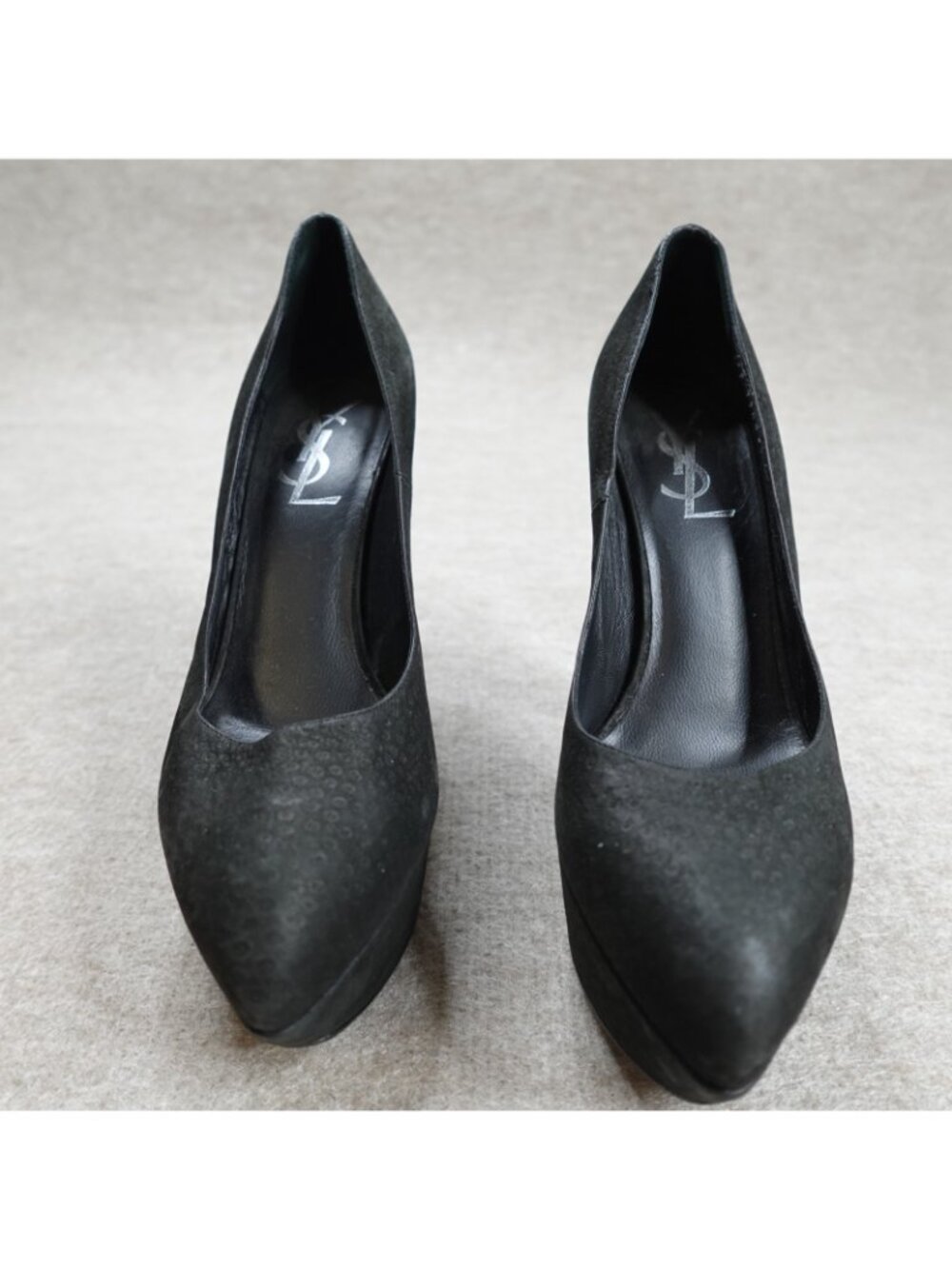 YSL Womens Pumps 7.5 Black Aliama Lizard Emboss Yves Saint Laurent Made in Italy - Picture 2 of 10